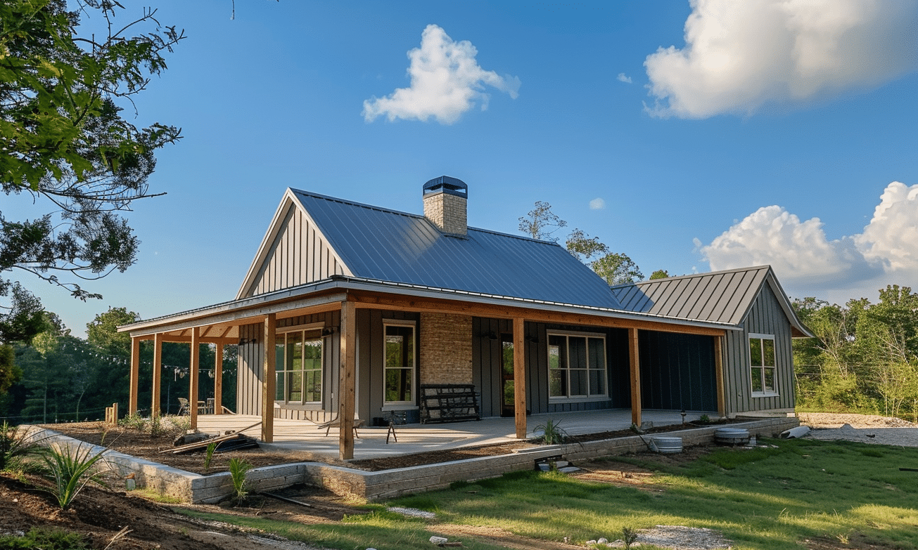 Rural barndominium exterior with a charming front porch overlooking the countryside.