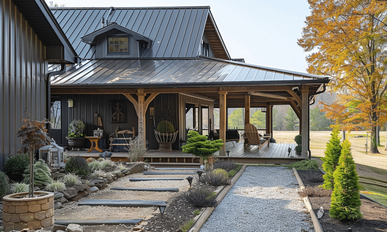 Barndominium Exterior with Front Porch Overlooking Gravel Path