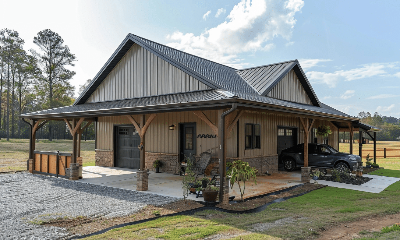 Barndominium Home with Carport and Covered Porch in the Design Style