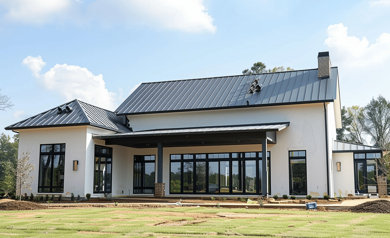 Modern barndominium construction site showcasing sleek design elements