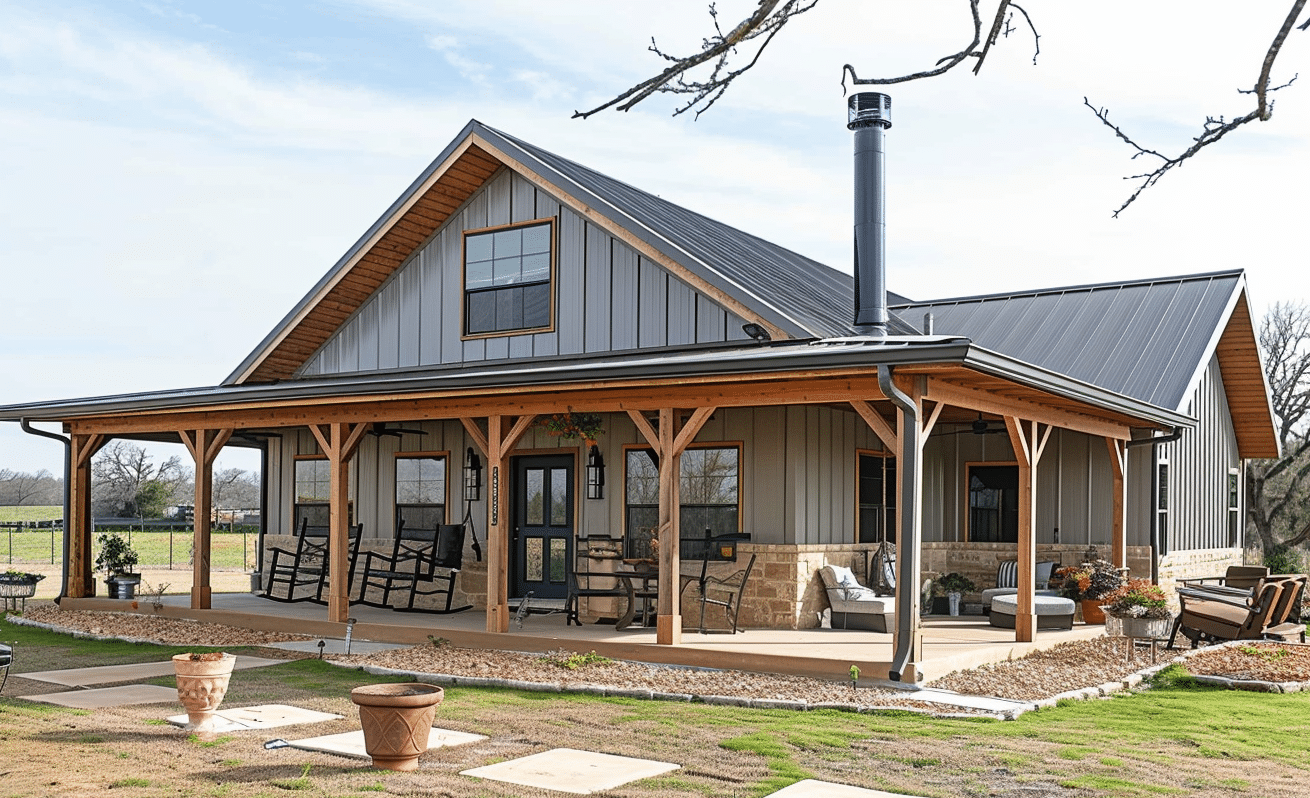 "Spacious barndominium with steel structures, wooden details and a covered porch surrounded by lush greenery."