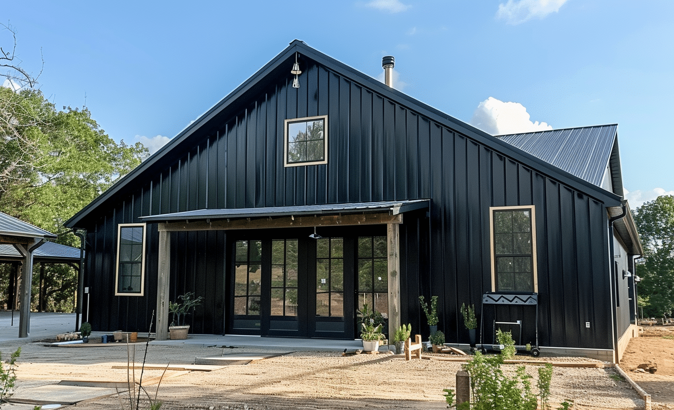 Modern black metal barndominium isolated on a secluded dirt lot