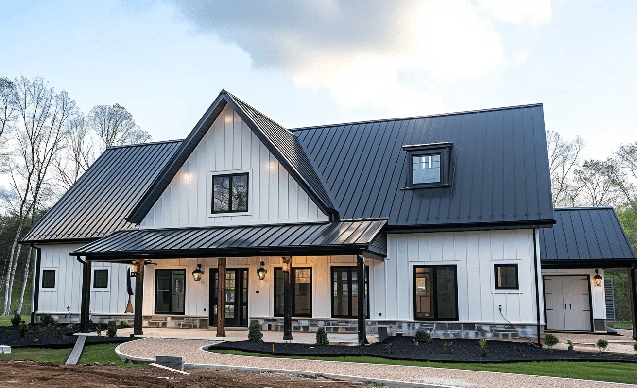 Barndominium house with black metal roof and siding, showing spacious and modern design.