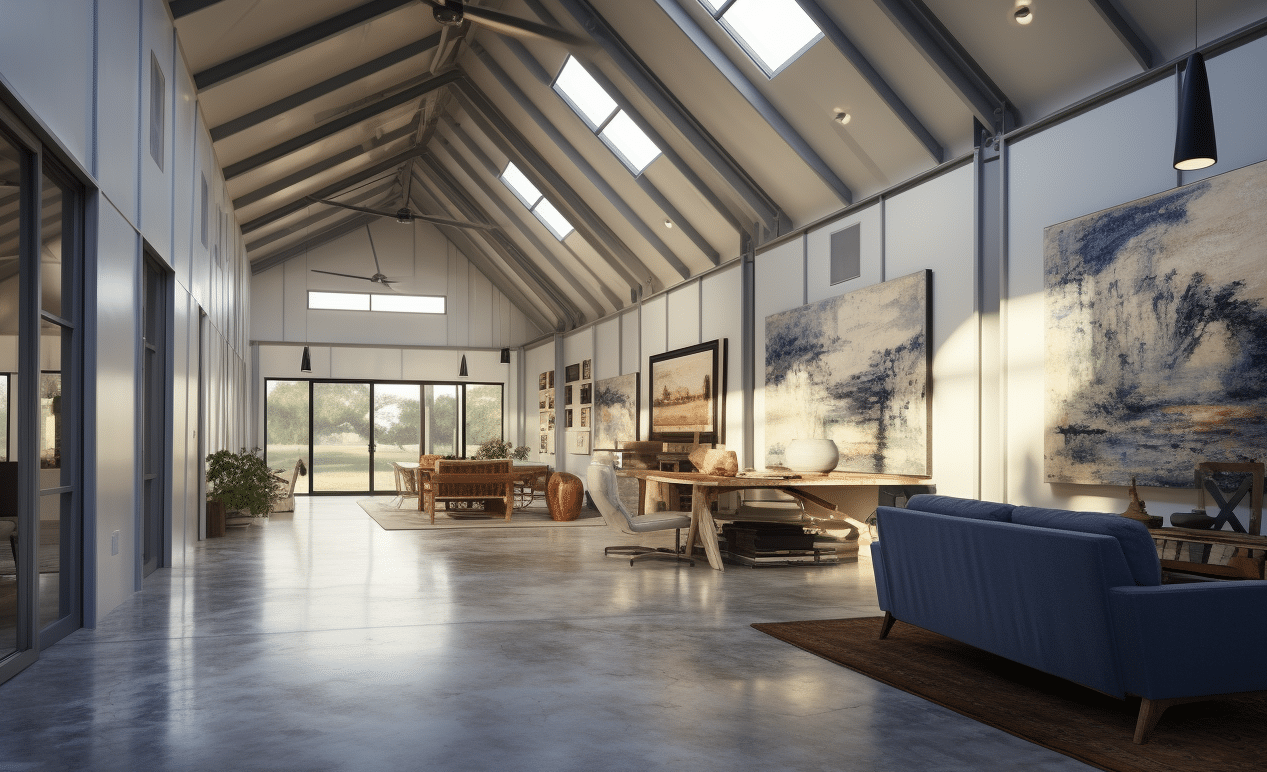 Modern steel barndominium interior with high ceiling and concrete flooring.