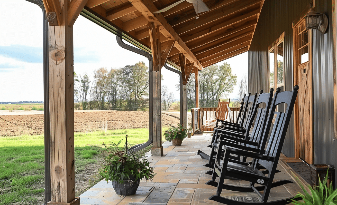 Four rocking chairs grouped on a cozy barndominium porch