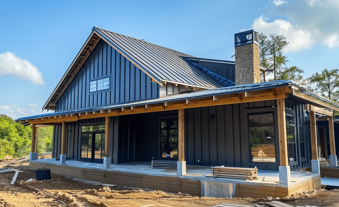 Barndominium construction process showing a large metal building frame being erected.
