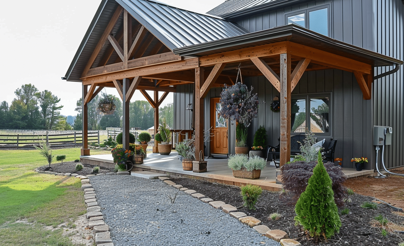A front porch design showcasing the exceptional architectural style of Barndominium in British Columbia.