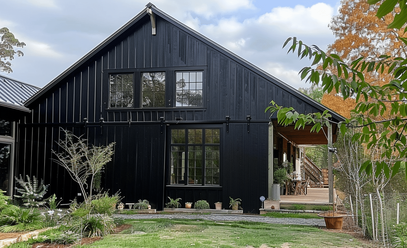 "Front yard view of a modern barndominium with black exterior siding"