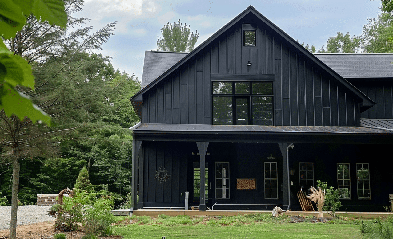 Exterior view of a modern barn-style home with dark siding, positioned in a well-maintained front yard.