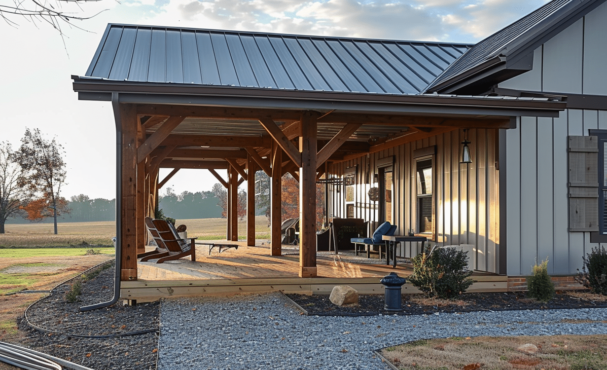 Charming barndominium with front porch access through a gravel walkway.