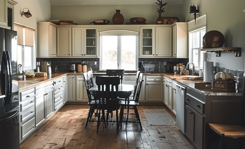 Modern white and grey barndominium kitchen interior with stylish brown floors.