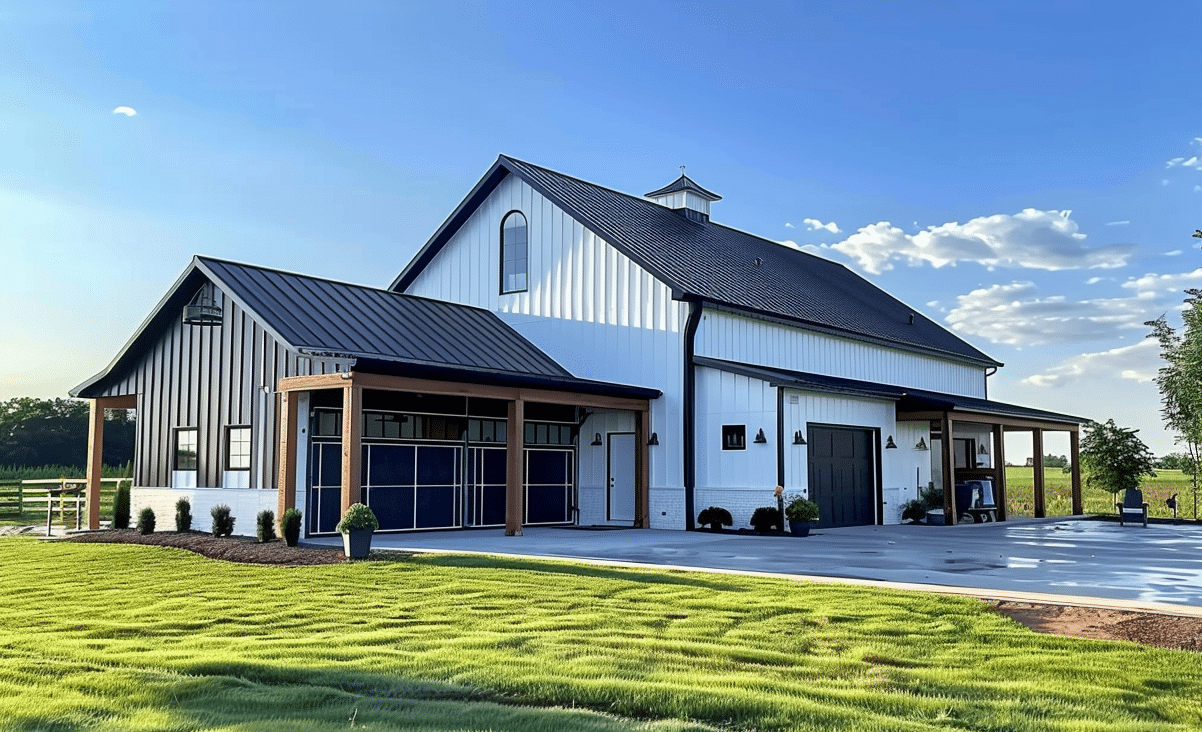 Contemporary barndominium featuring horse stable garage and outdoor patio area.