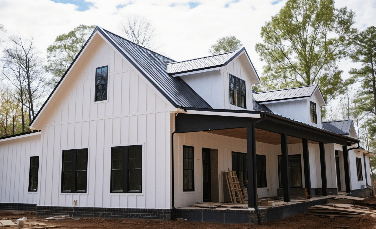 Black and white image illustrating the ongoing construction process of a rural barndominium.