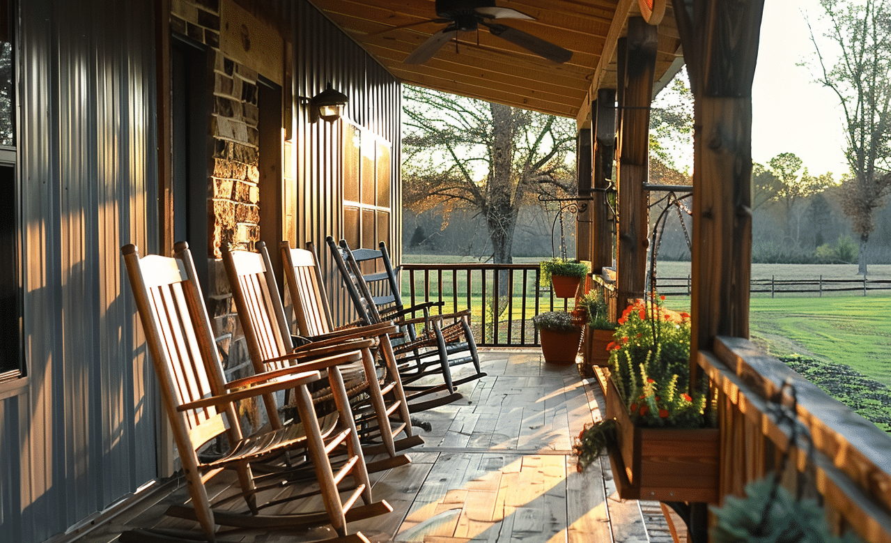 Rocking chairs and rocker stands on a rustic barndominium porch, symbol of relaxed country living.