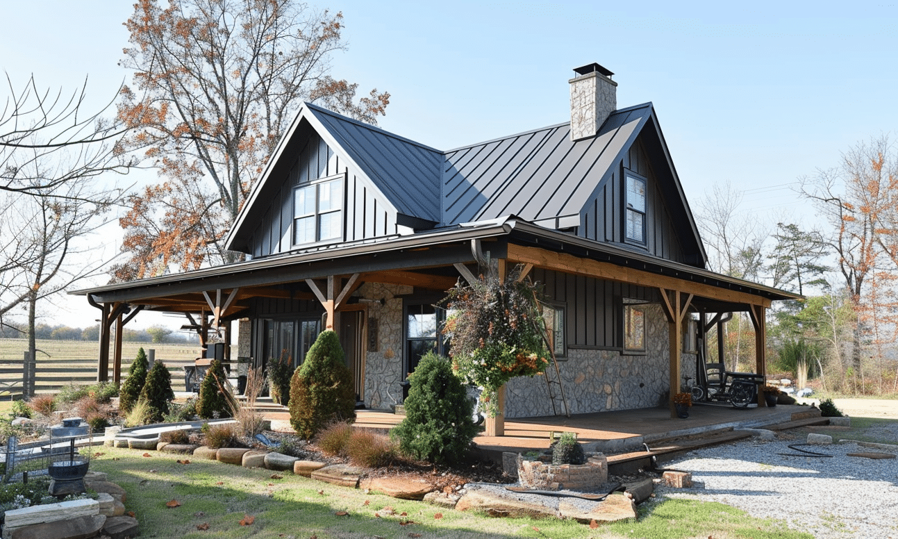 Sophisticated primitive style barndominium with striking metal frame in an idyllic setting.