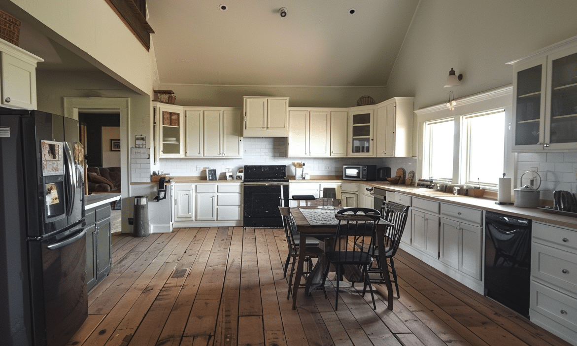 Large, bright barndominium kitchen space featuring gray cabinets and rich brown flooring.