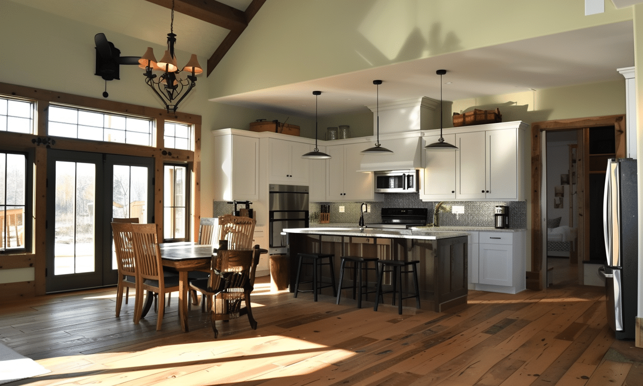 Open concept kitchen in a modern barndominium with striking wooden floors and rustic design elements.