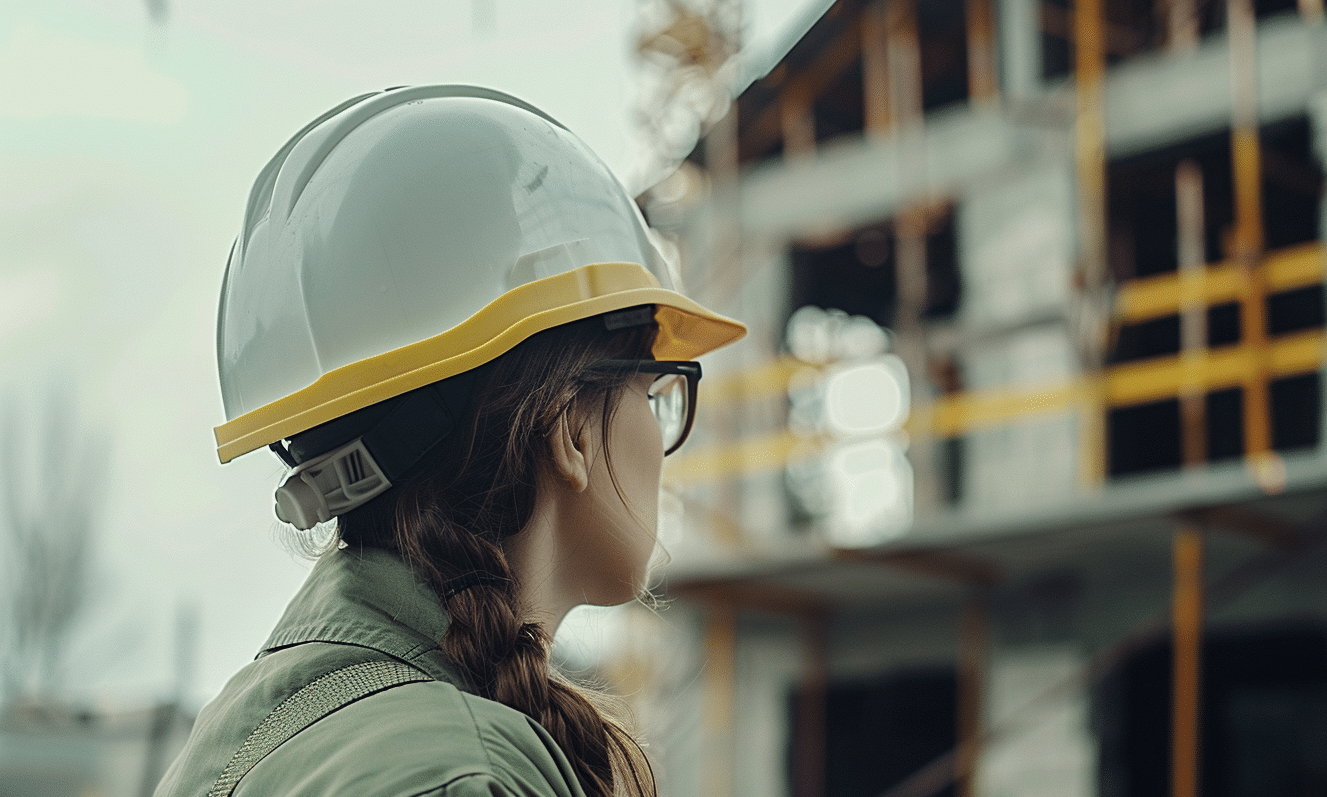 "Sturdy barndominium featuring ladies in construction gear surrounded by varying textures."