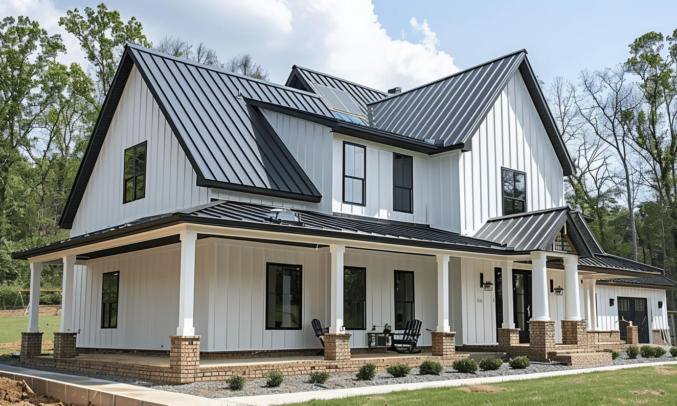 Contemporary white metal barndominium featuring trendy black roof and siding