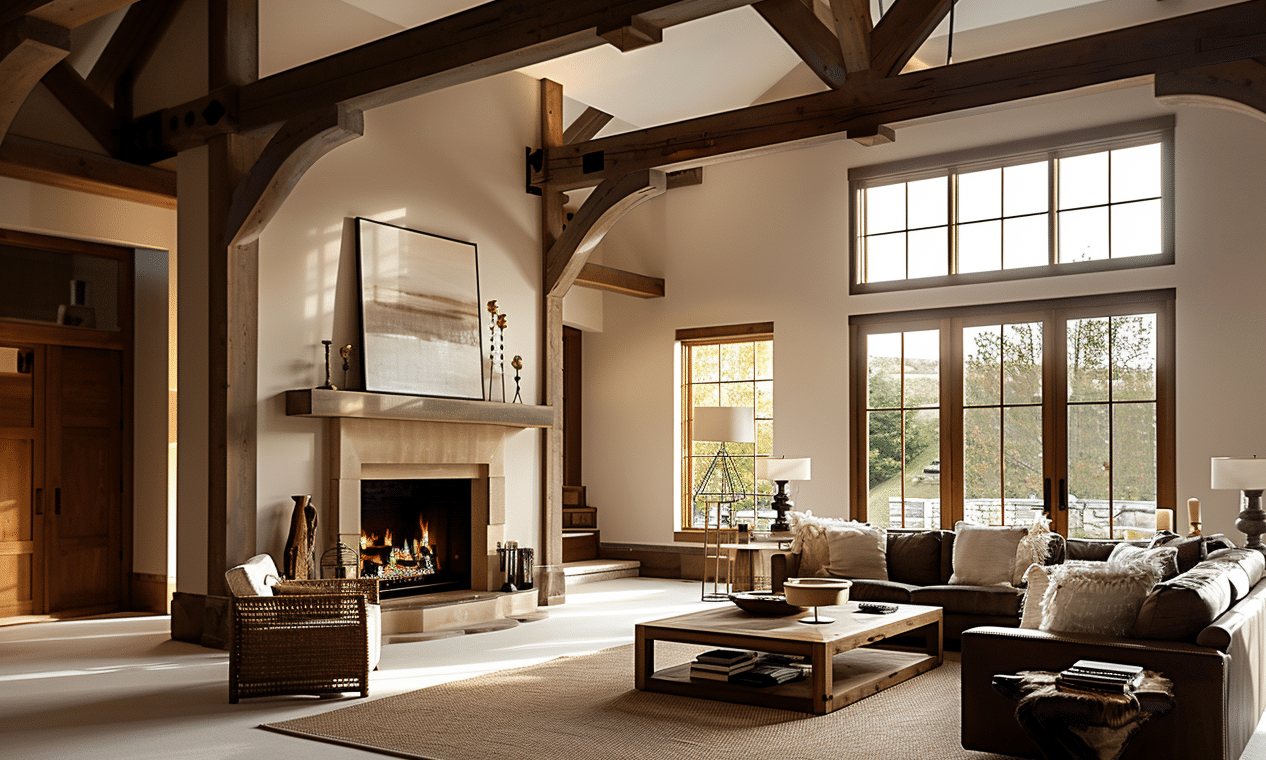 Comfortable barndominium living room with warm fireplace, rustic wooden beams, and cozy furniture.