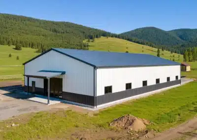 Durable steel agricultural storage building in a scenic rural setting