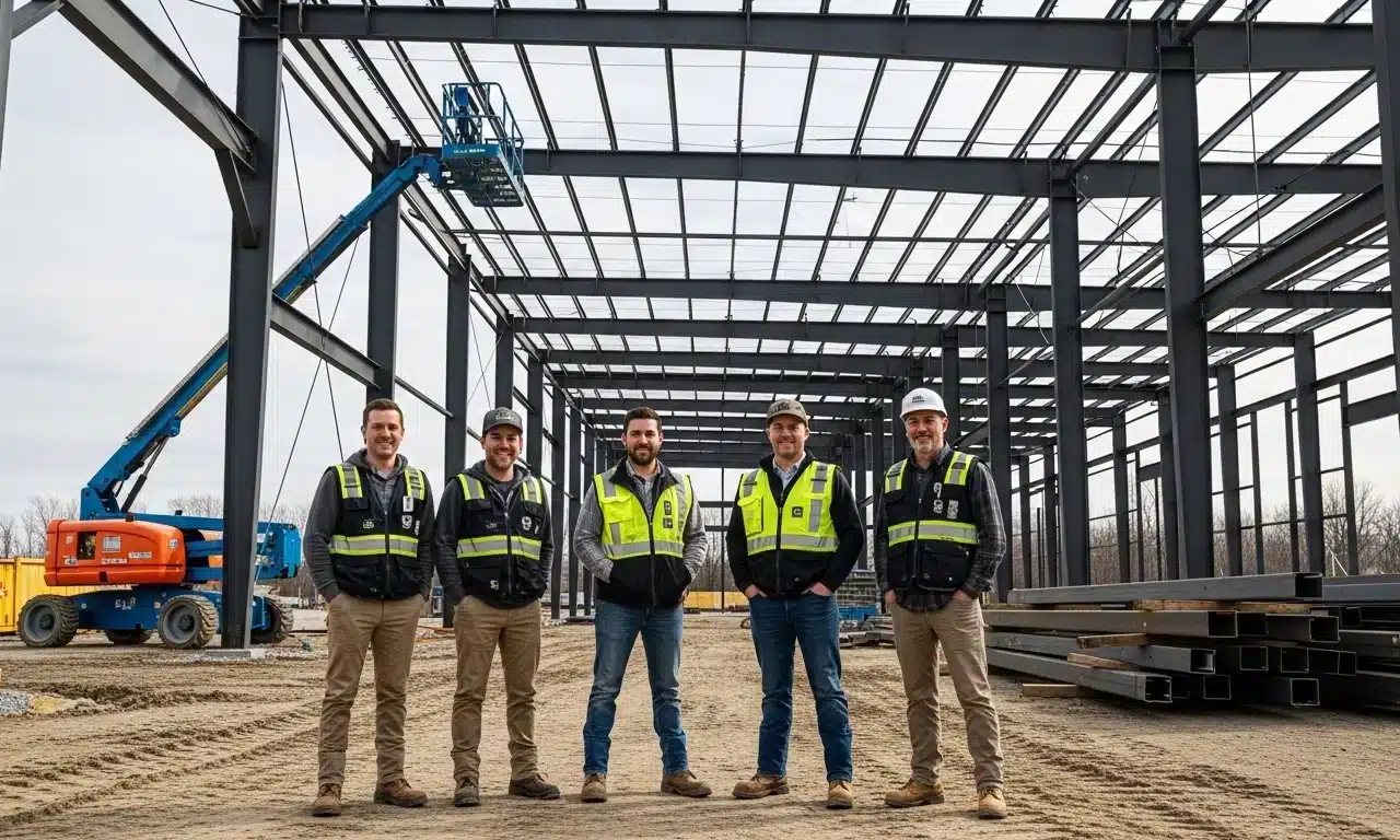Construction workers at a steel frame building site with scaffolding and machinery.