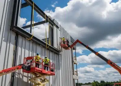 Construction workers on lifts installing steel panels on building