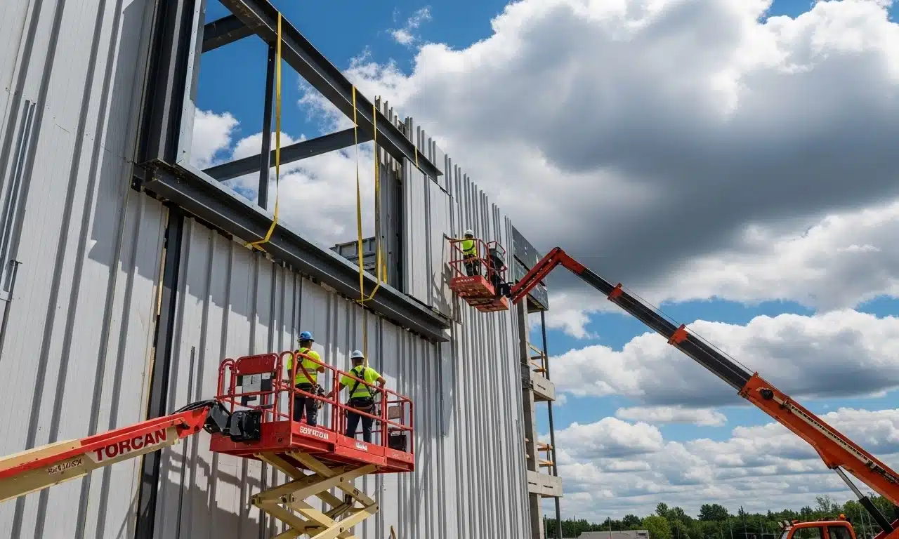 Construction workers on lifts installing steel panels on building