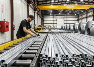 Factory worker inspecting steel beams in a manufacturing facility.
