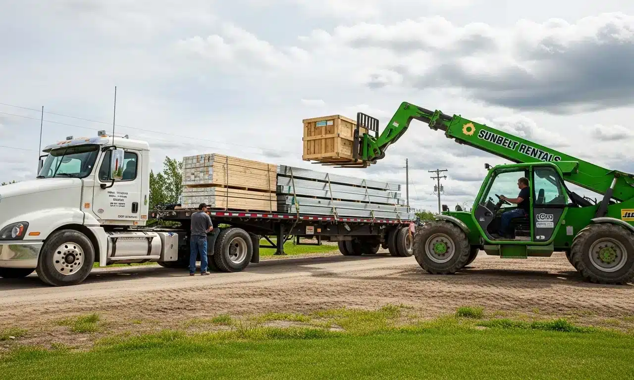 Forklift loading metal beams onto a truck for steel construction