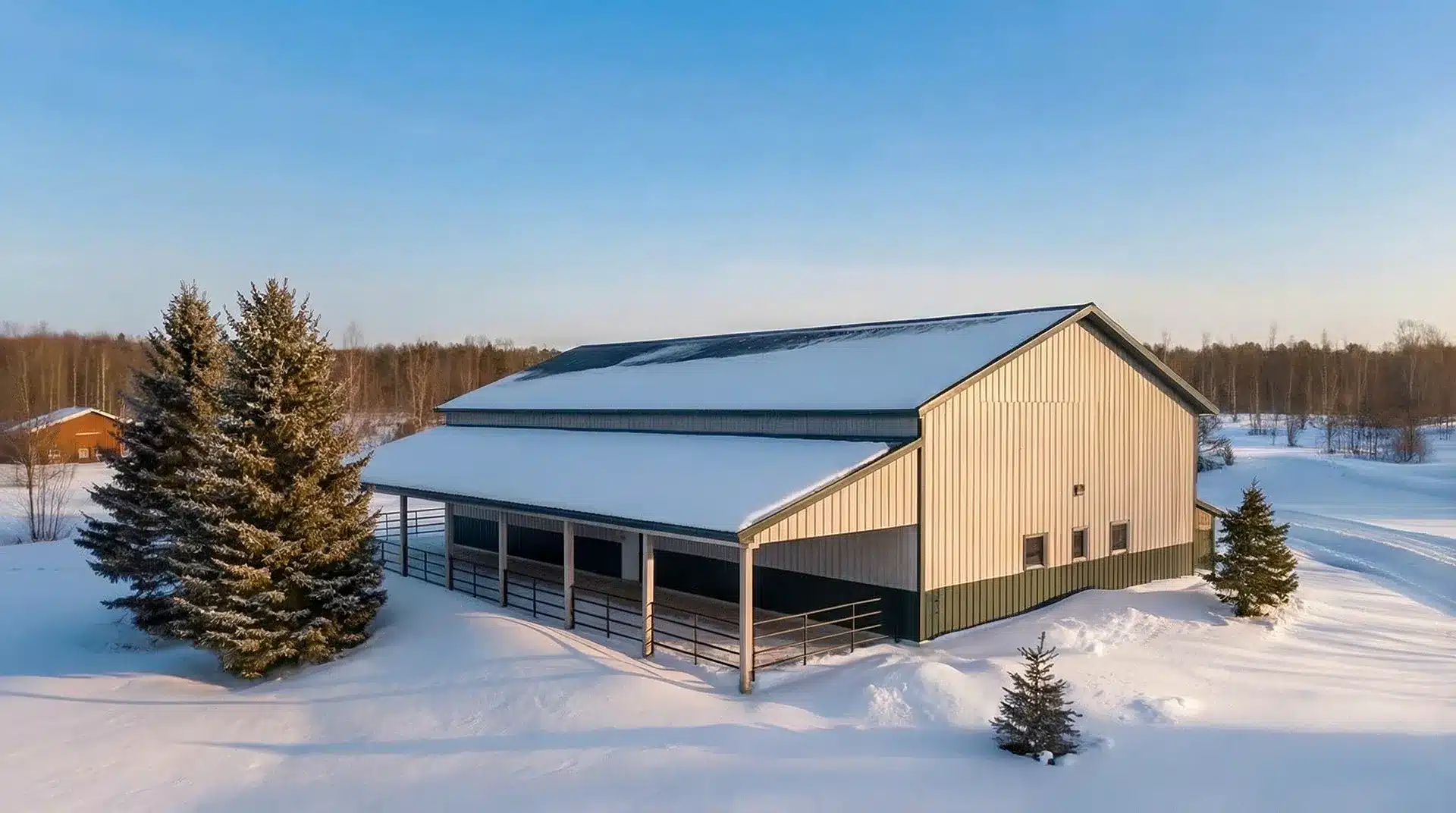 Steel horse barn in snowy Windsor landscape