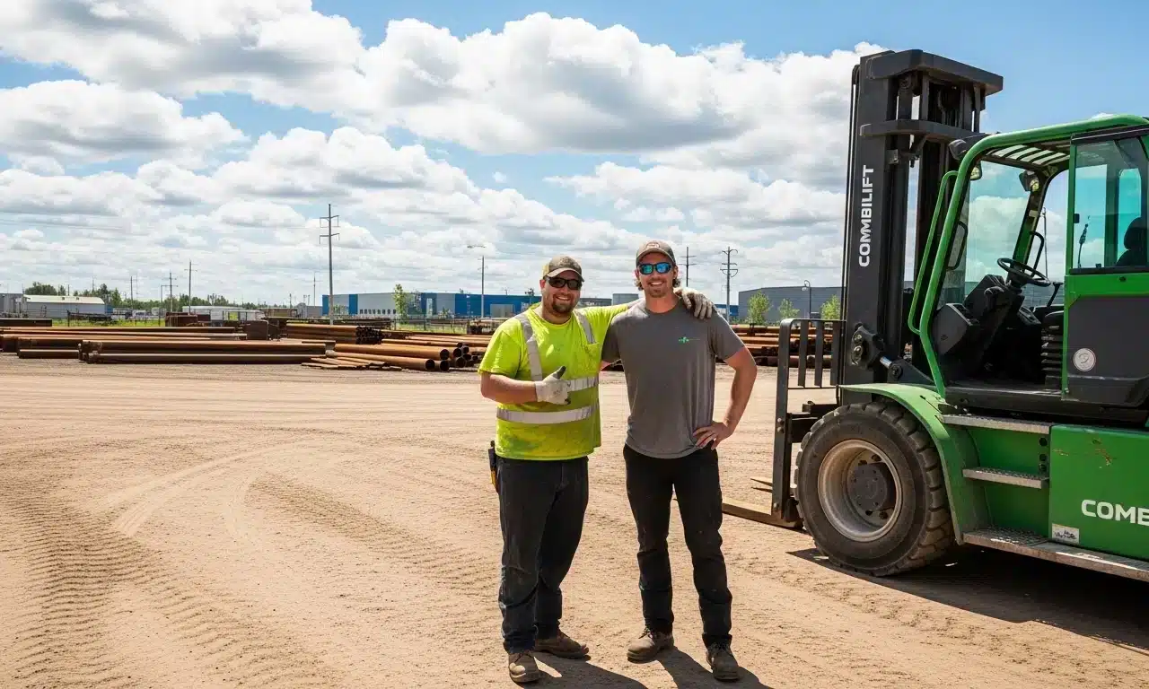 Industrial Workers With Metal Pipes Industrial workers standing by metal pipes and a forklift outdoors.