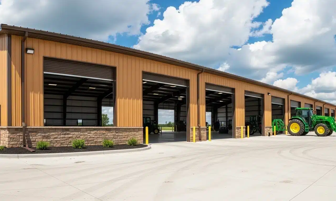 Modern metal building with large garage doors and tractors in Ontario.