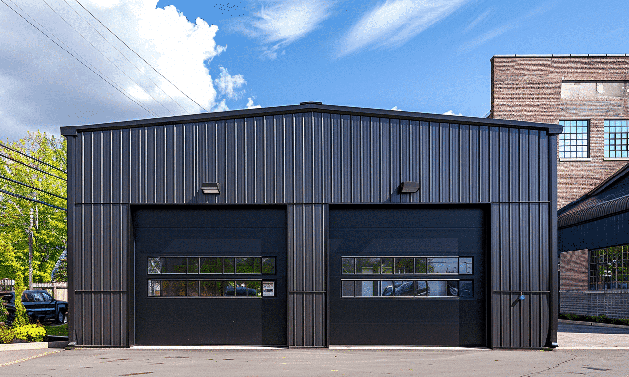 Modern steel garage with two large doors under blue sky