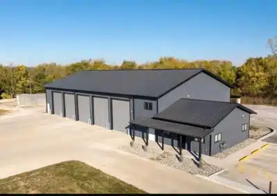 Aerial view of a large industrial steel building in Canada