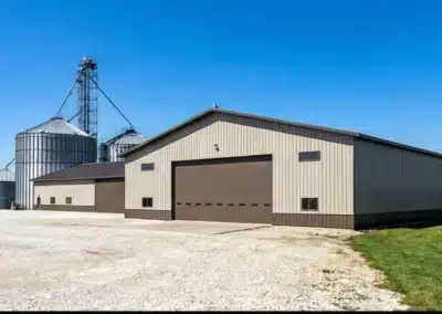 Steel agricultural drive shed with grain storage in Ontario