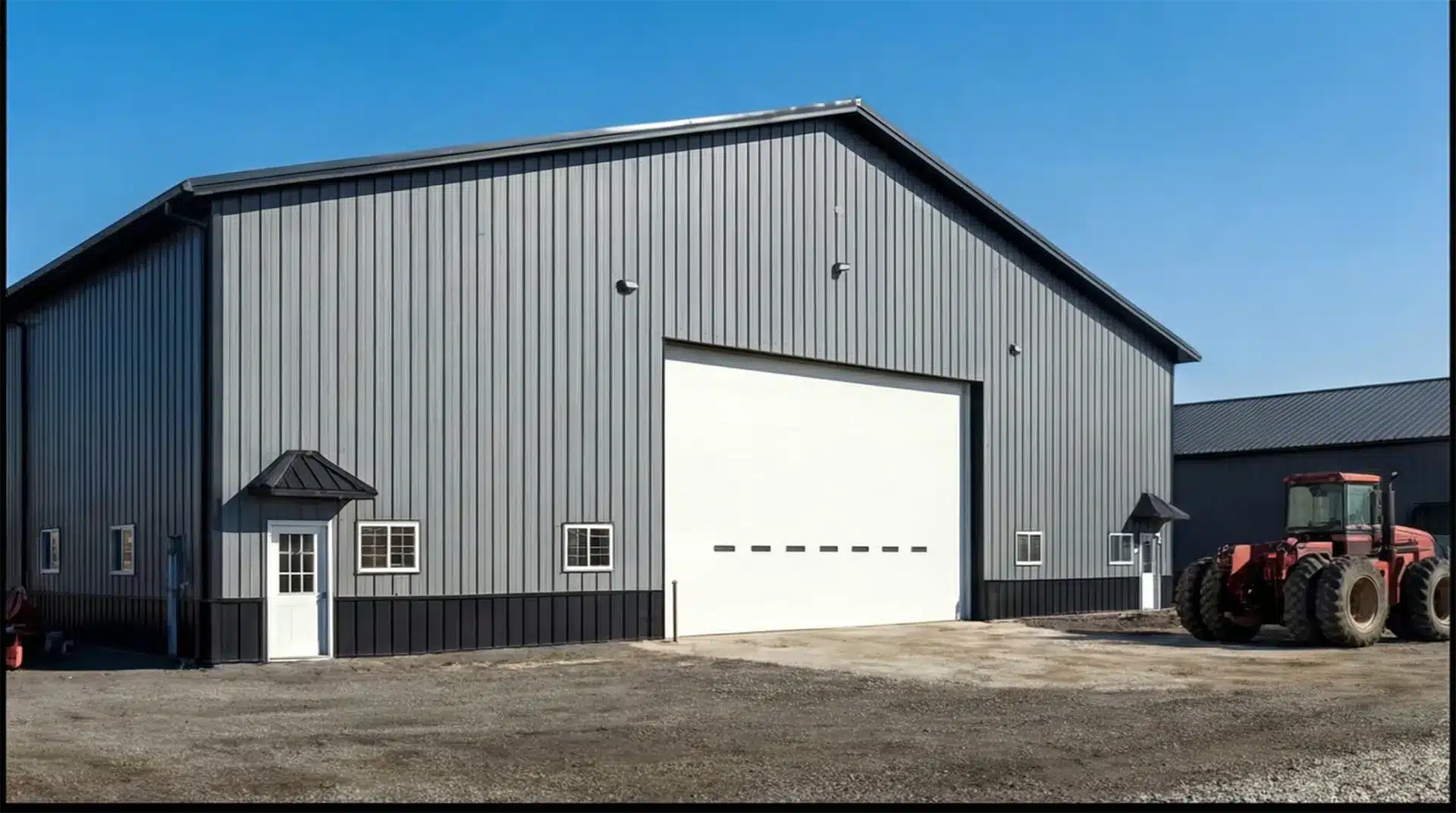 Commercial grey steel post-frame warehouse with tractor outside