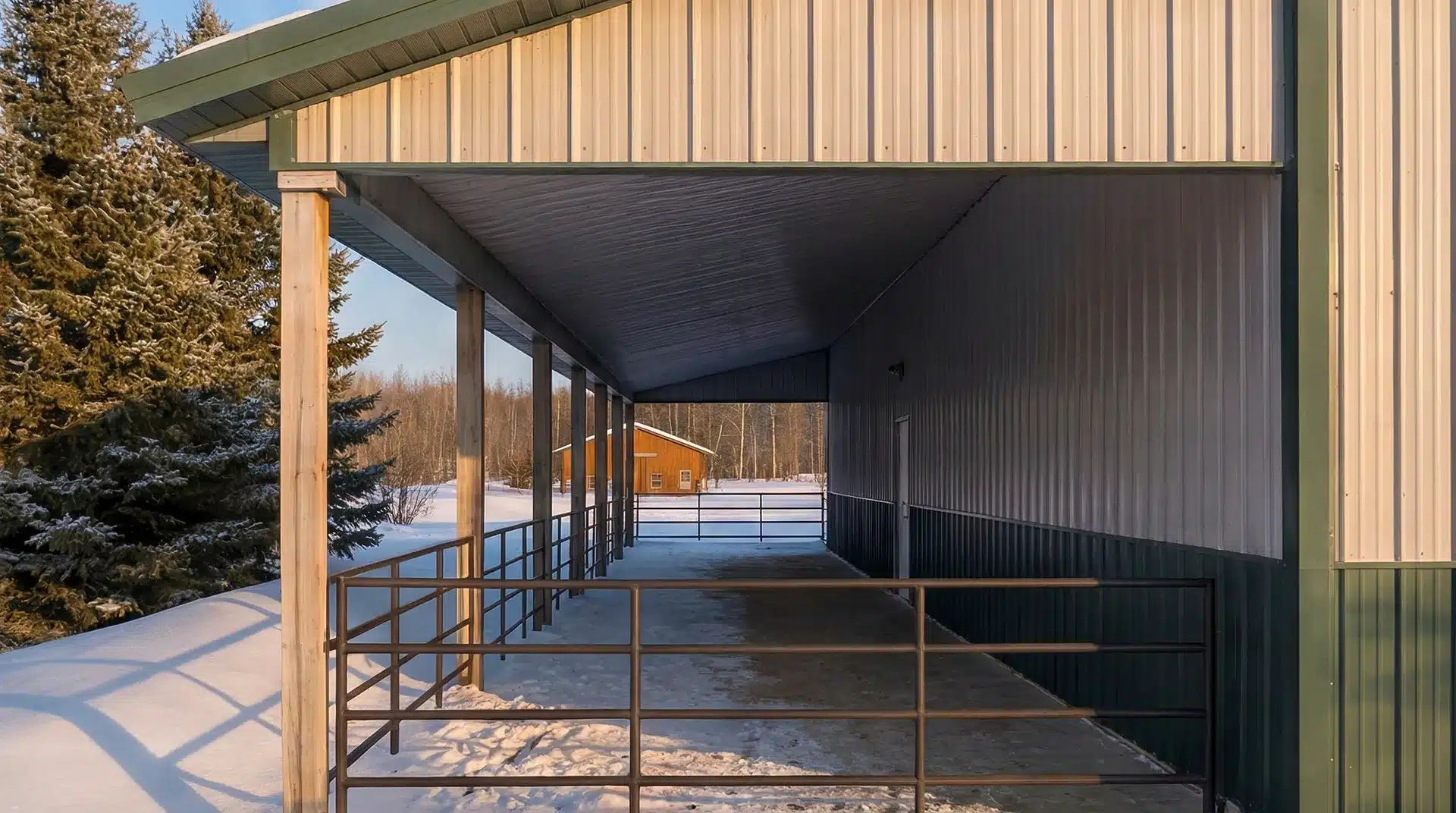 Covered run-in shelter horse barn in snowy Ontario landscape