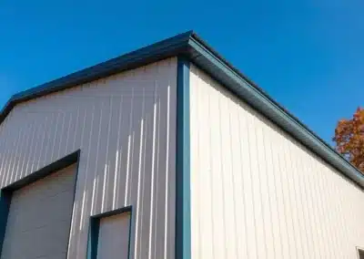 Steel pole barn building in Ontario during fall season