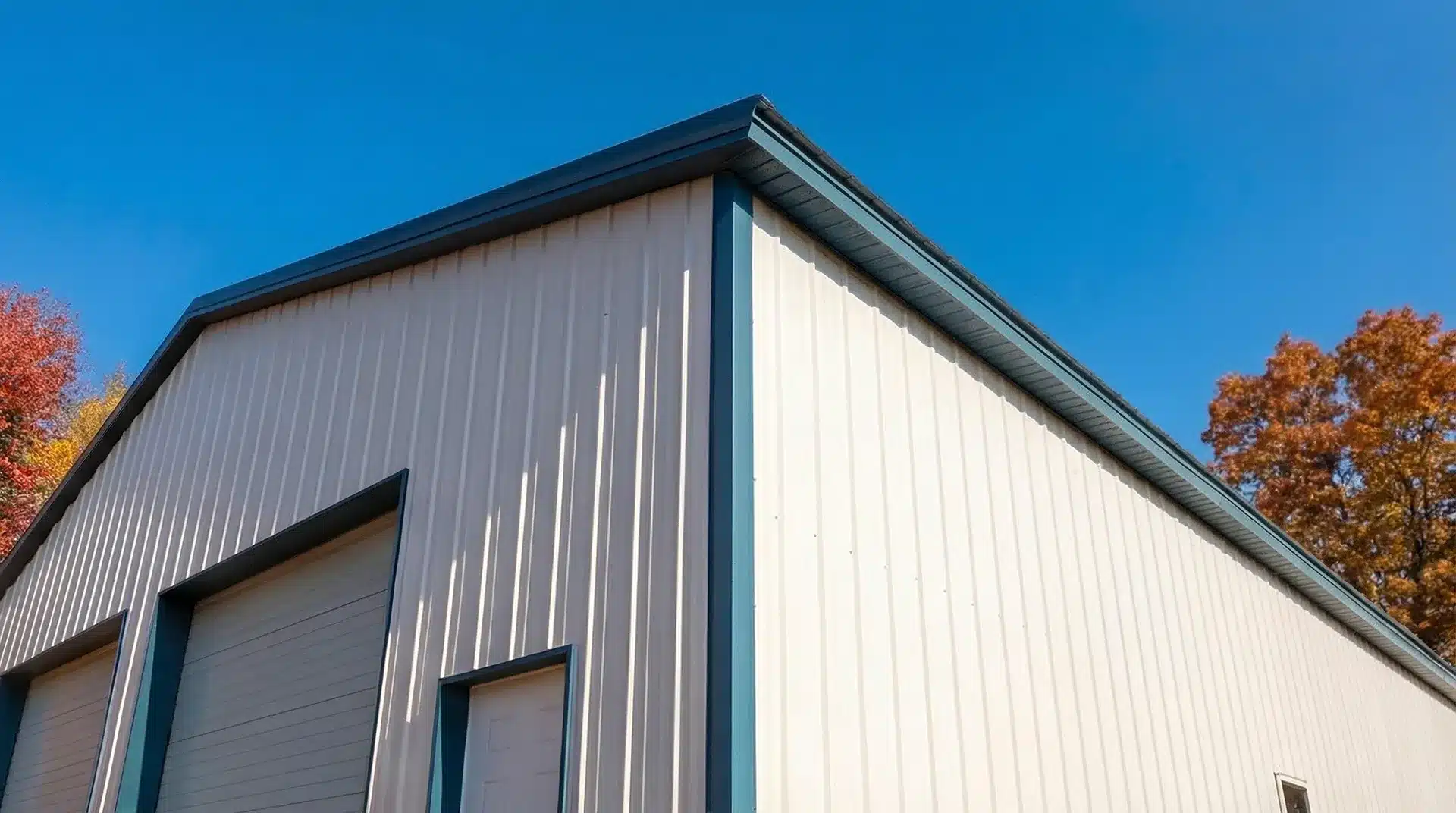 Steel pole barn building in Ontario during fall season