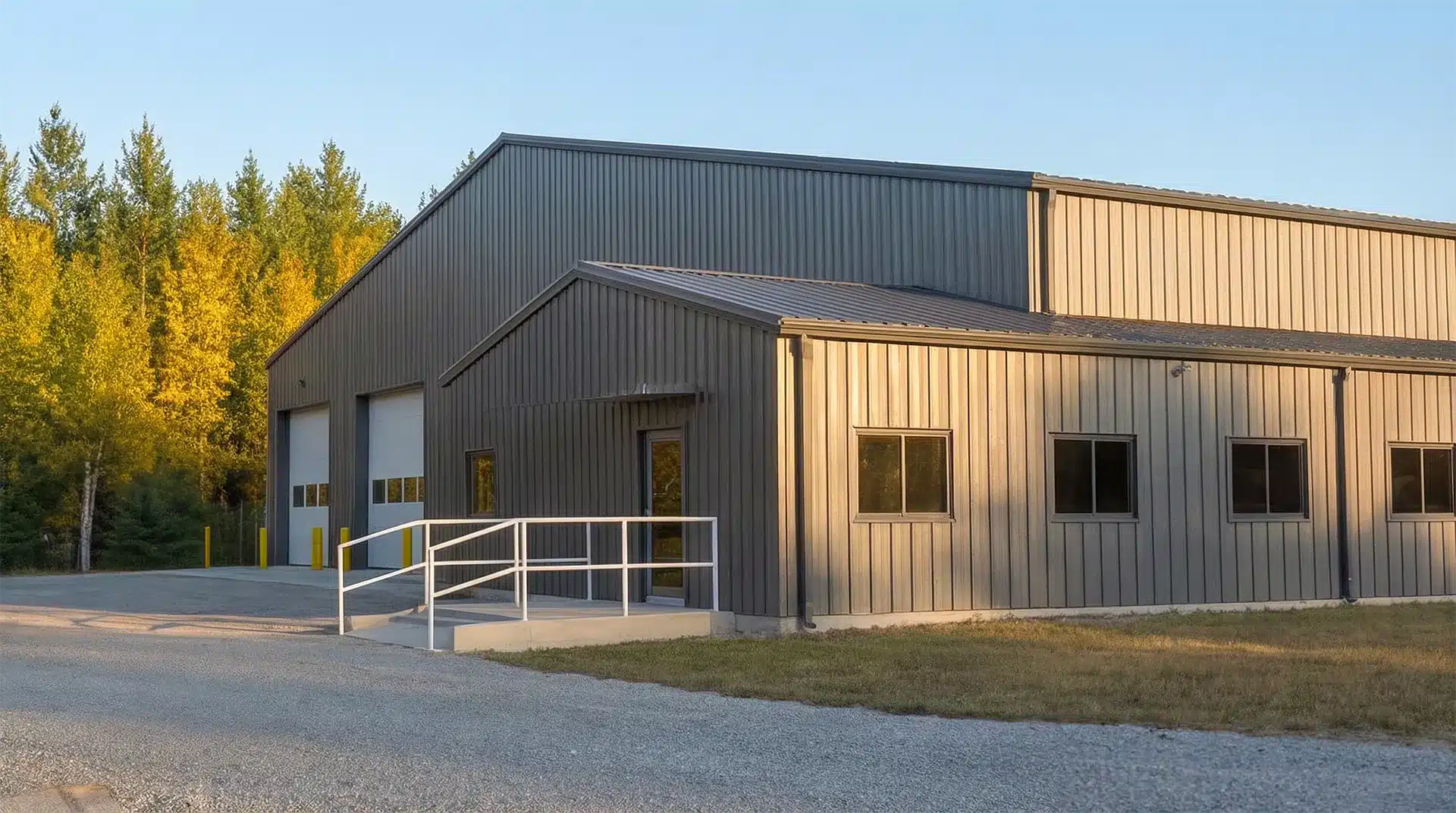 Insulated steel farm workshop with office bump-out in rural Canada.