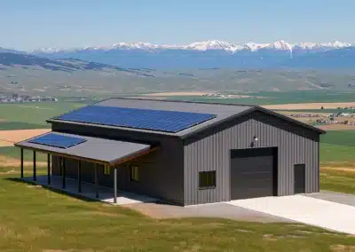 Steel building with solar panels on a hillside with mountain views.