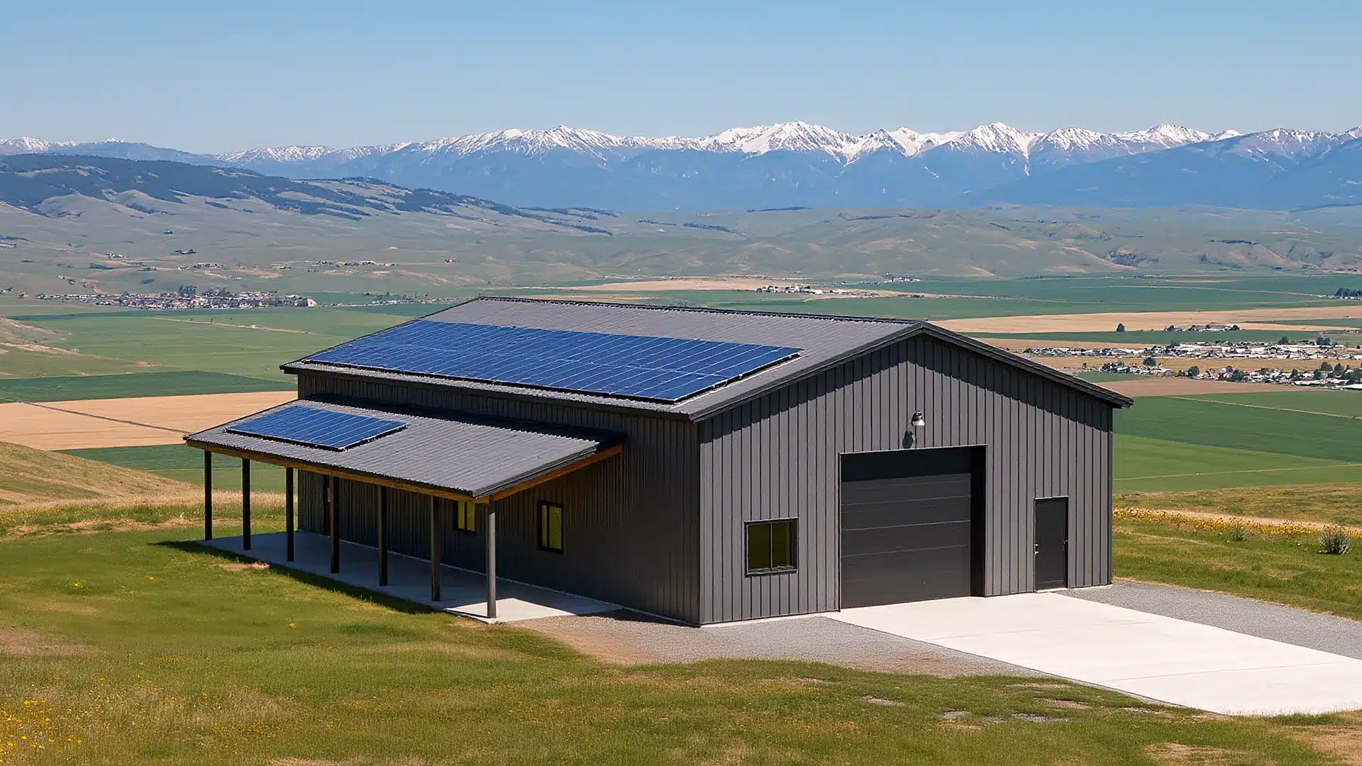 Steel building with solar panels on a hillside with mountain views.
