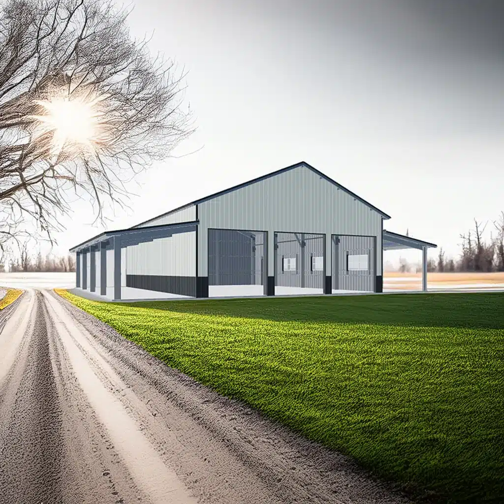 36x48 steel barn kit on a farm with green grass and bare trees.