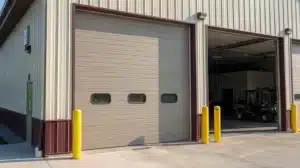 Metal barn with roll-up door in Oshawa, Ontario.