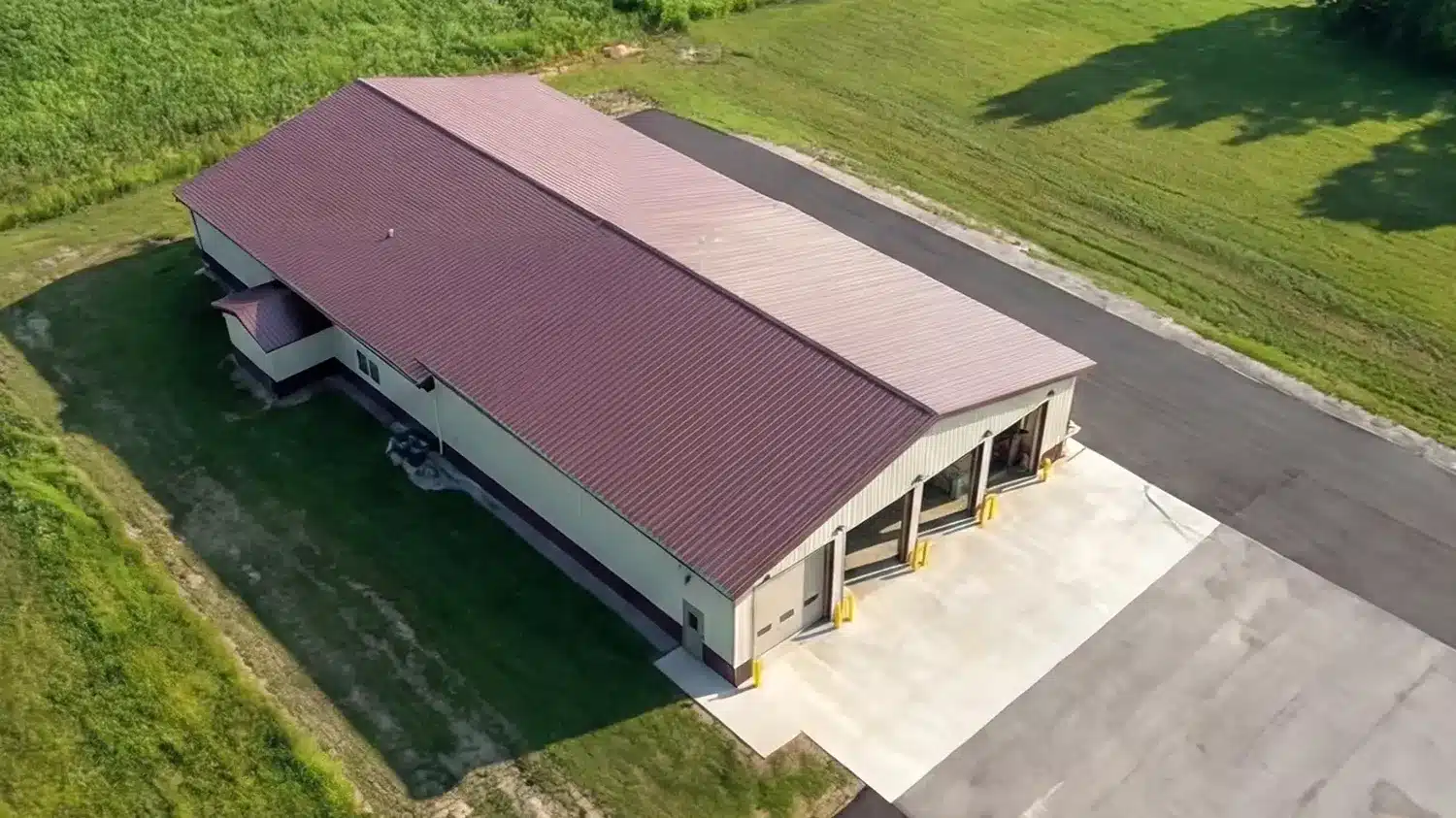 Aerial view of a 100x70 steel garage in Oshawa, Ontario.