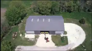 Aerial view of a 105x54 custom steel barn in Sudbury, Ontario.