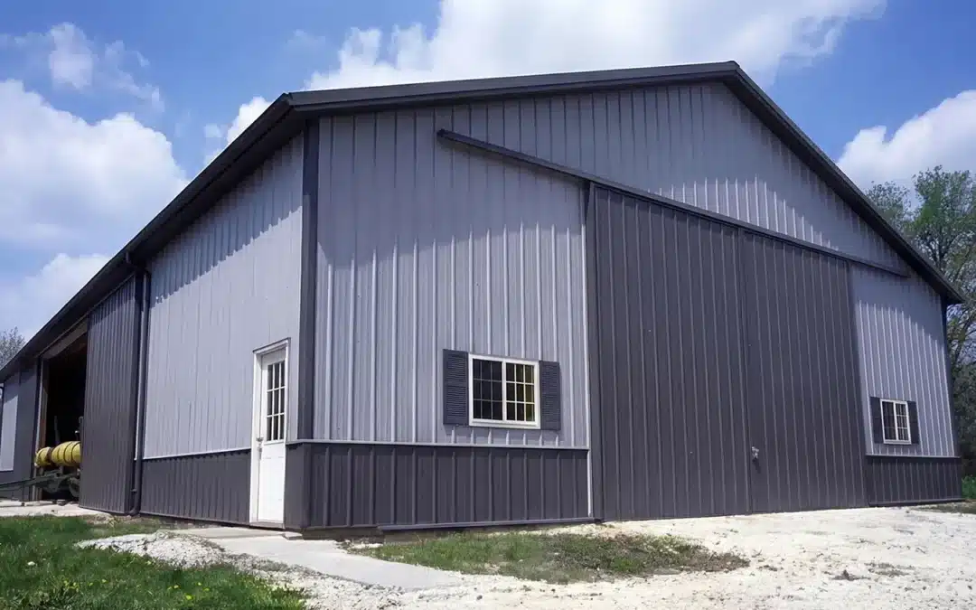 Rear exterior of a 105x54 steel barn in Sudbury, Ontario