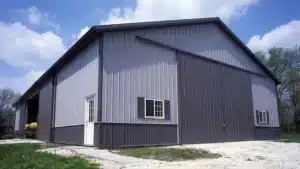 Rear exterior of a 105x54 steel barn in Sudbury, Ontario
