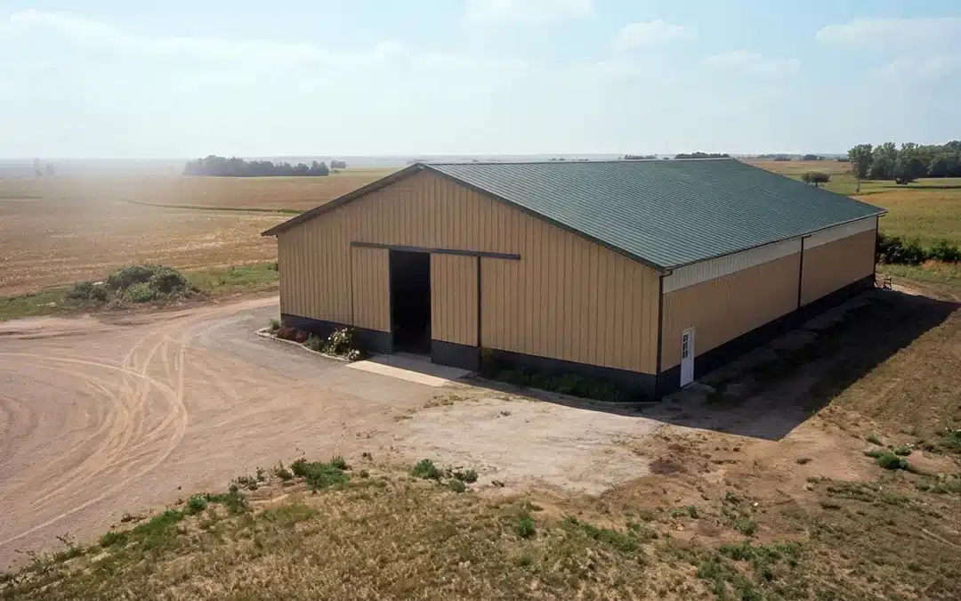 Aerial view of a large steel barn in Vaughan, Ontario.